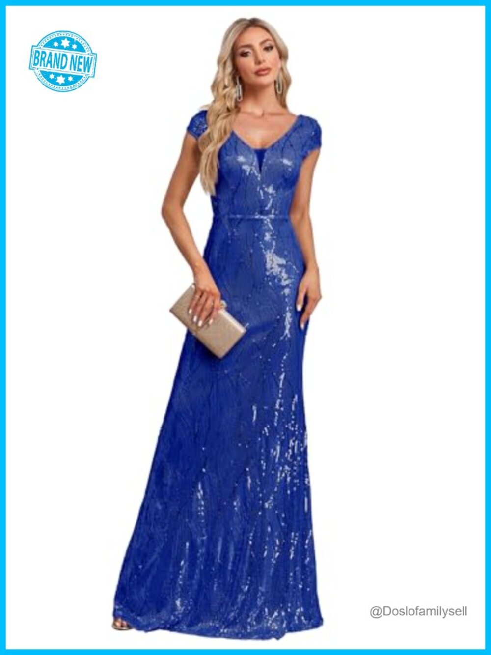 Sequin V-Neck Short Sleeve Floor Length Formal Evening Gown